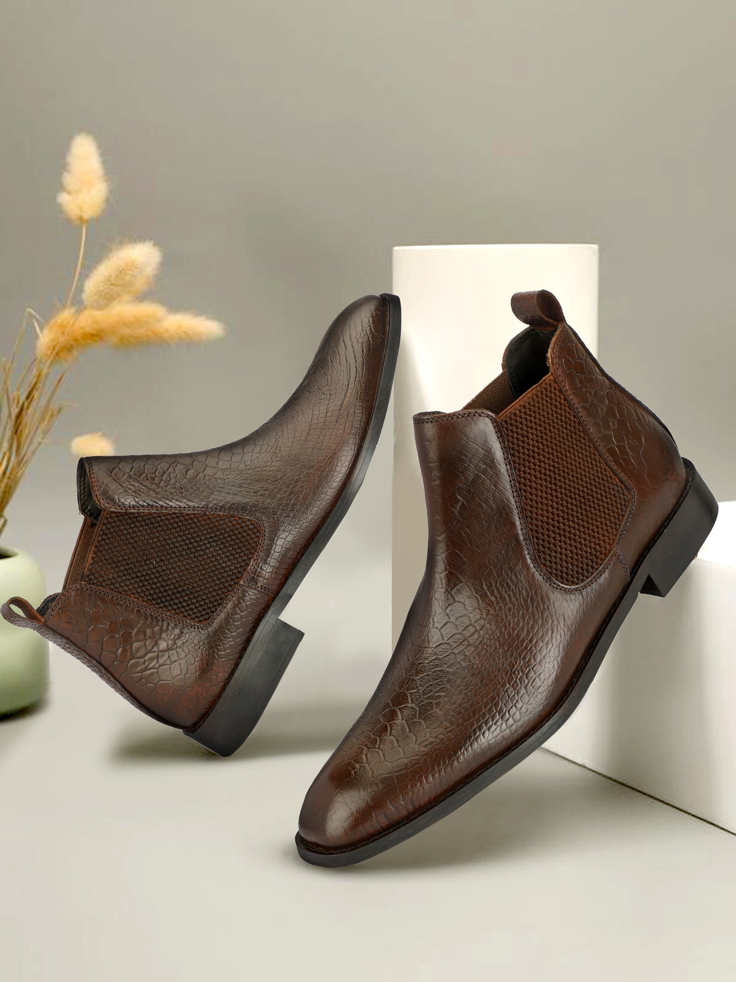 Genuine Leather  Snake  Print Chelsea  Boots Brown