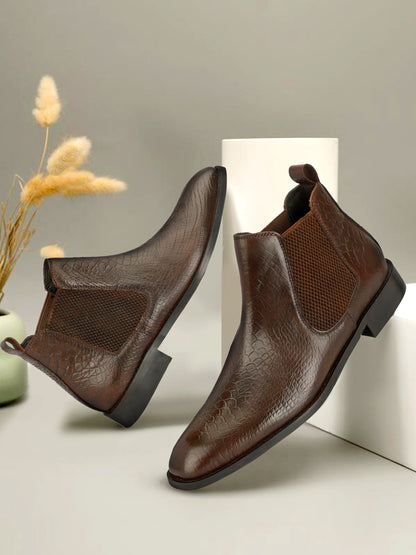 Genuine Leather  Snake  Print Chelsea  Boots Brown
