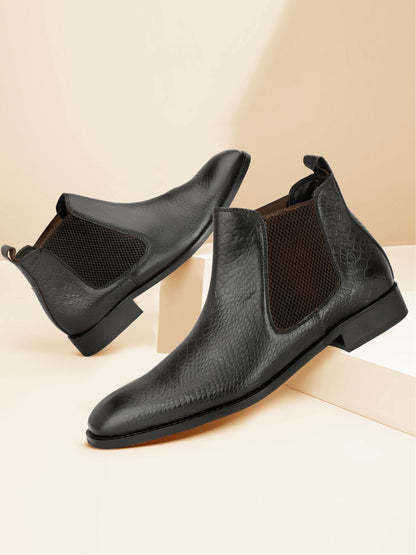 Genuine Leather  Snake  Print Chelsea  Boots Black