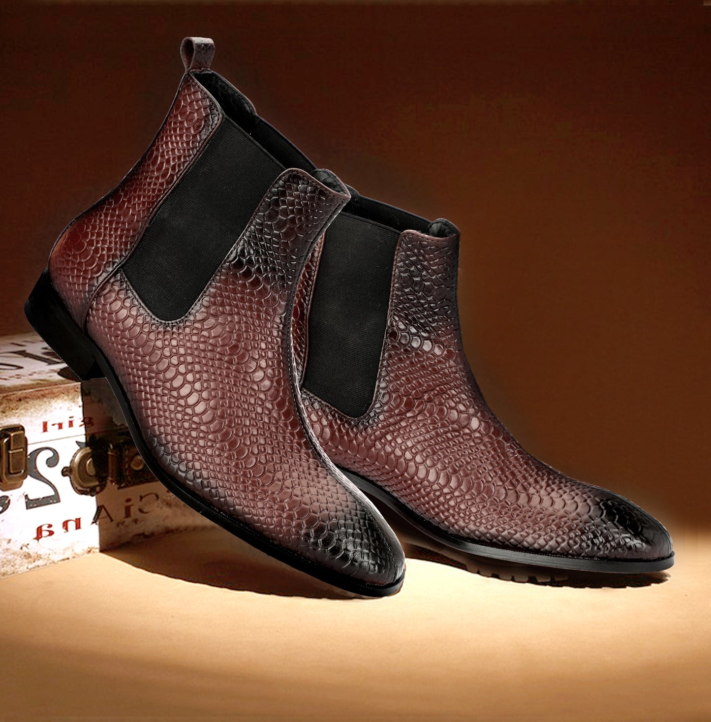 Attractive Snake Print Leather Chelsea Boots | Cherry