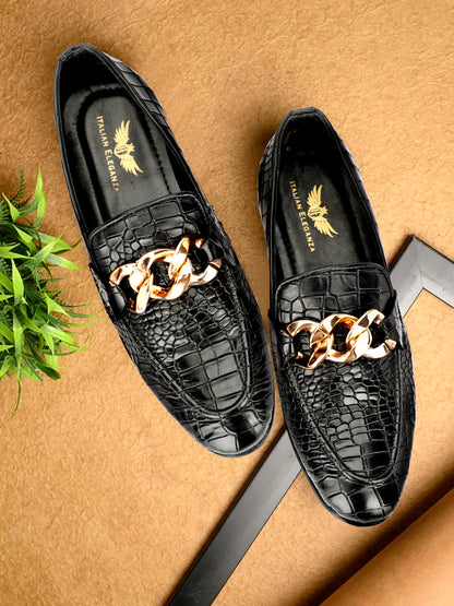 Attractive Croco Designer Leather Loafers | Black
