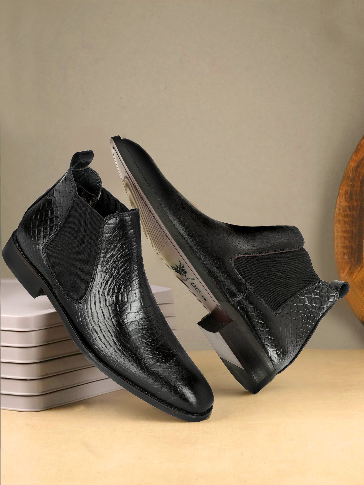 Genuine Leather Croco Print Chelsea Boots Black