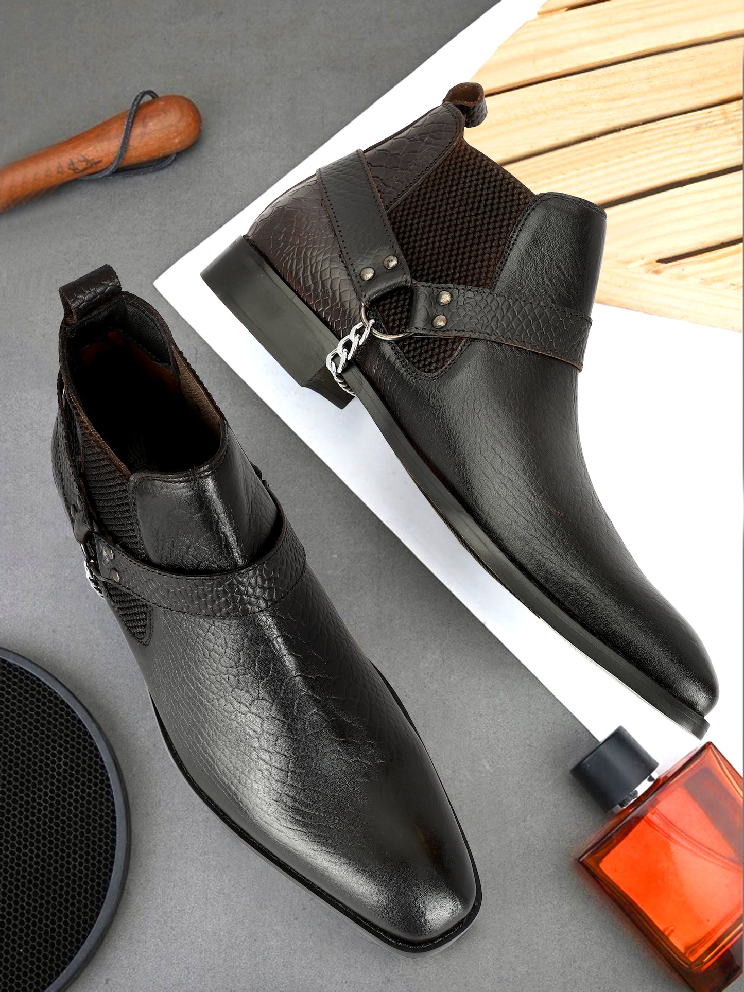 Genuine Leather Snake Print Chelsea Boots With Chain Buckle Black