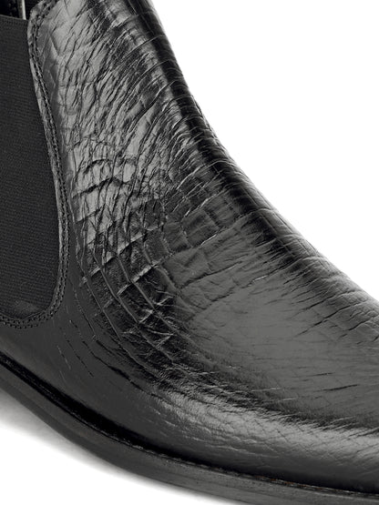 Genuine Leather Croco Print Chelsea Boots Black