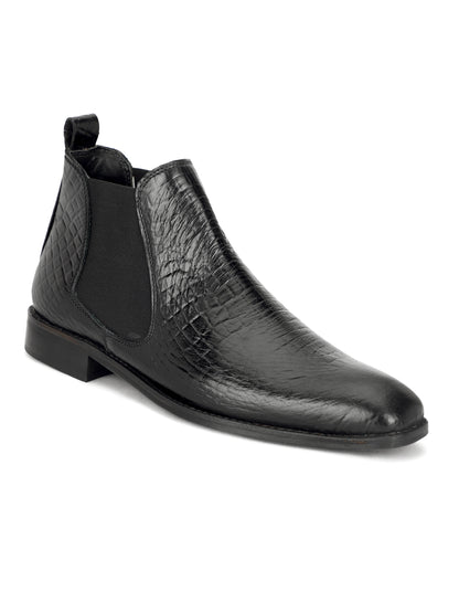 Genuine Leather Croco Print Chelsea Boots Black