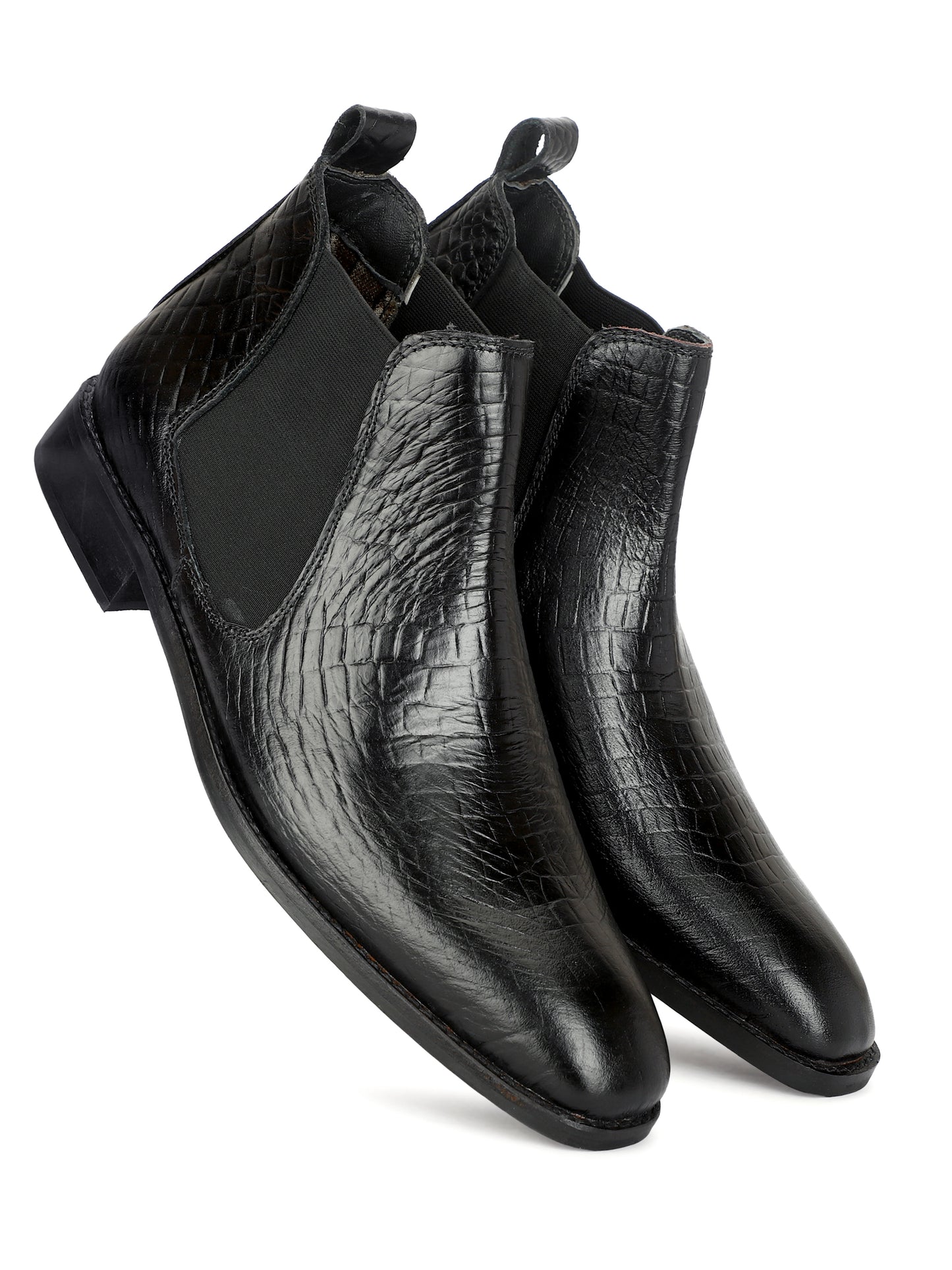 Genuine Leather Croco Print Chelsea Boots Black