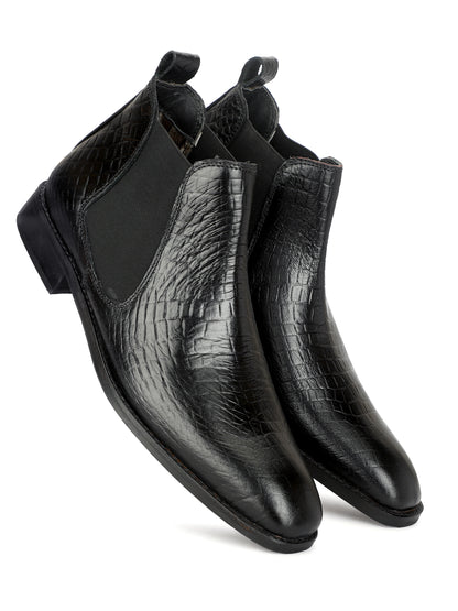 Genuine Leather Croco Print Chelsea Boots Black