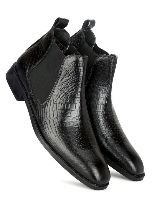 Genuine Leather Croco Print Chelsea Boots Black