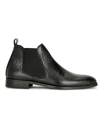 Genuine Leather Croco Print Chelsea Boots Black