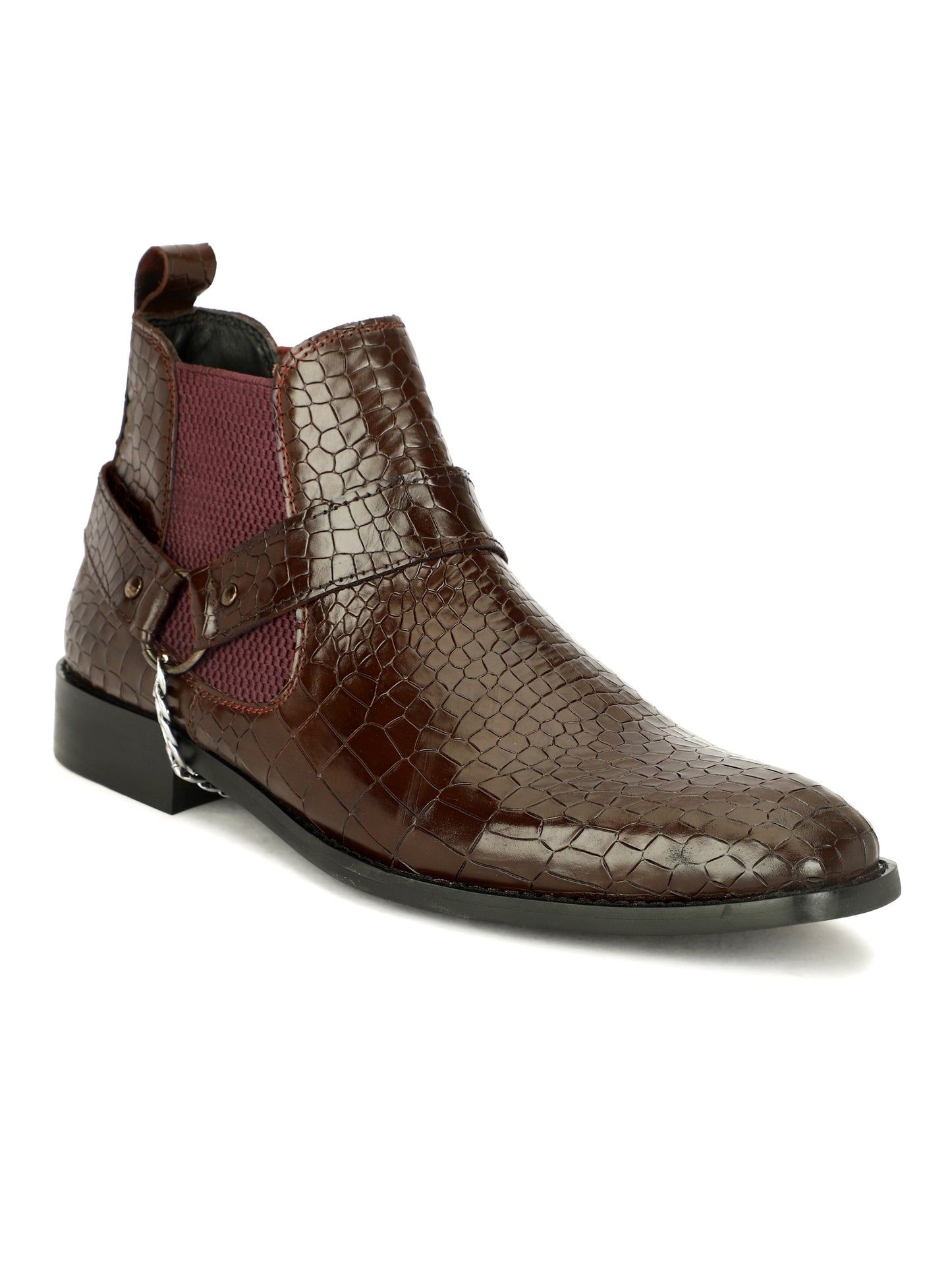 Genuine Leather Croco Chelsea Boots With Chain Buckle
