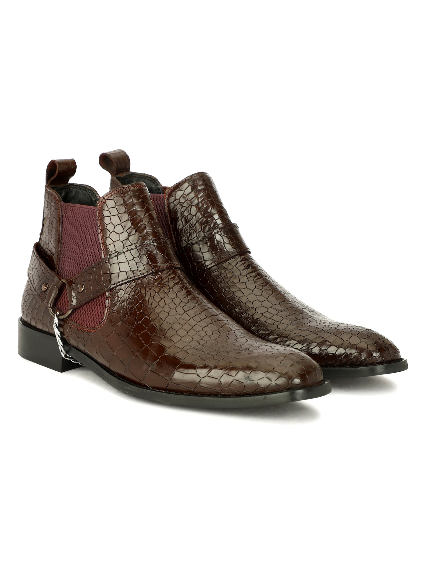 Genuine Leather Croco Chelsea Boots With Chain Buckle