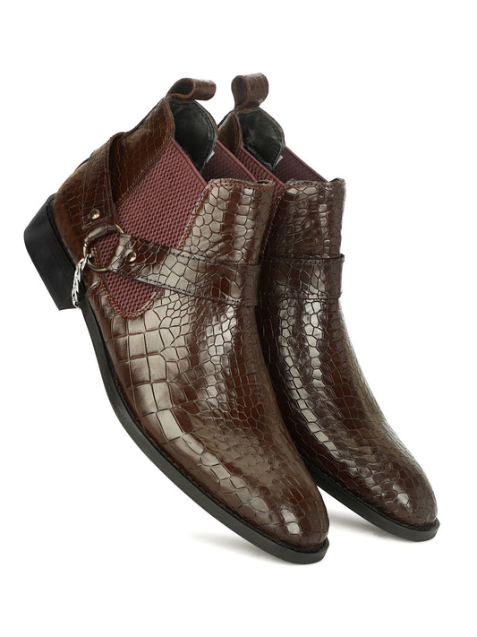 Genuine Leather Croco Chelsea Boots With Chain Buckle