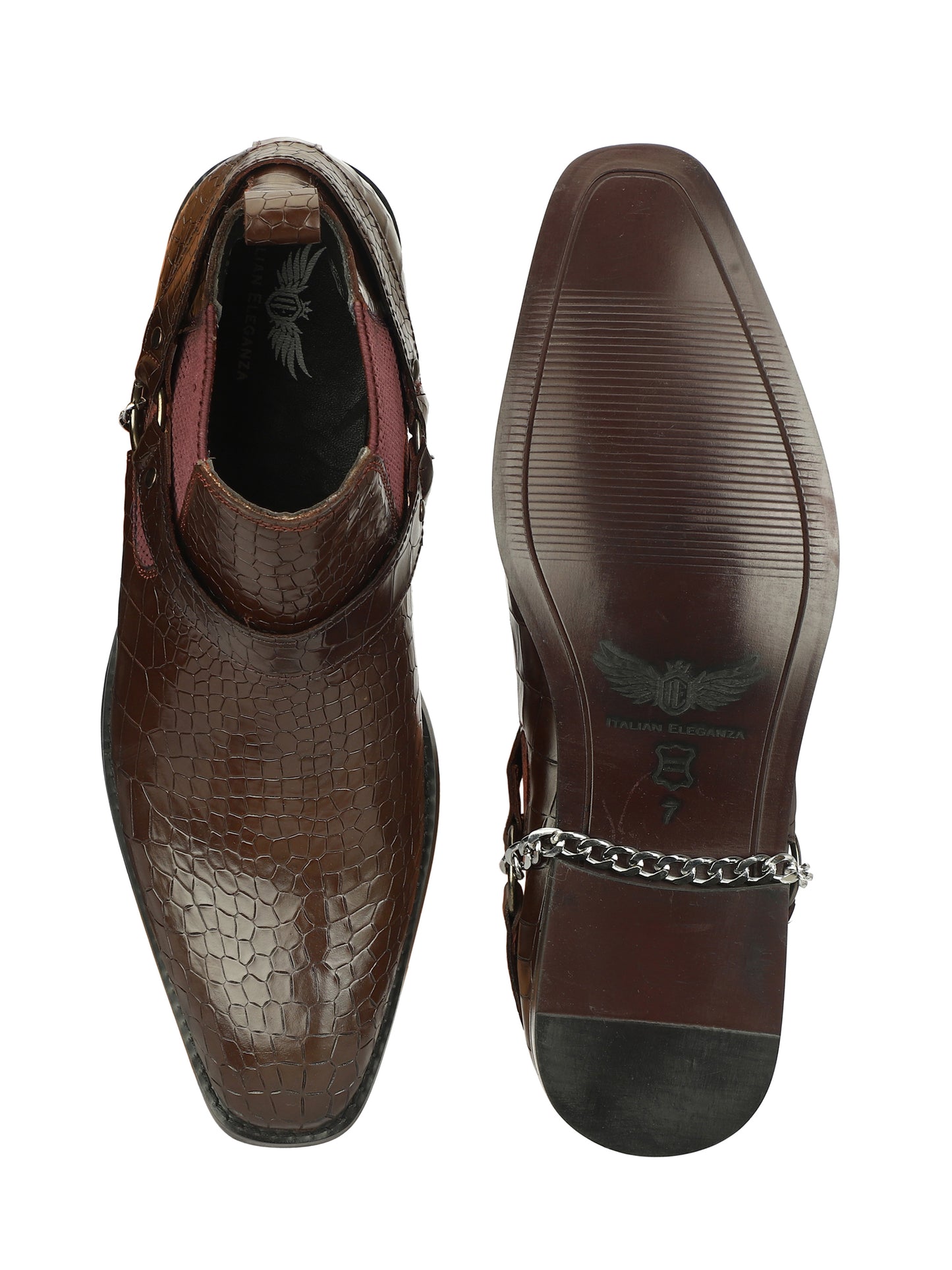 Genuine Leather Croco Chelsea Boots With Chain Buckle
