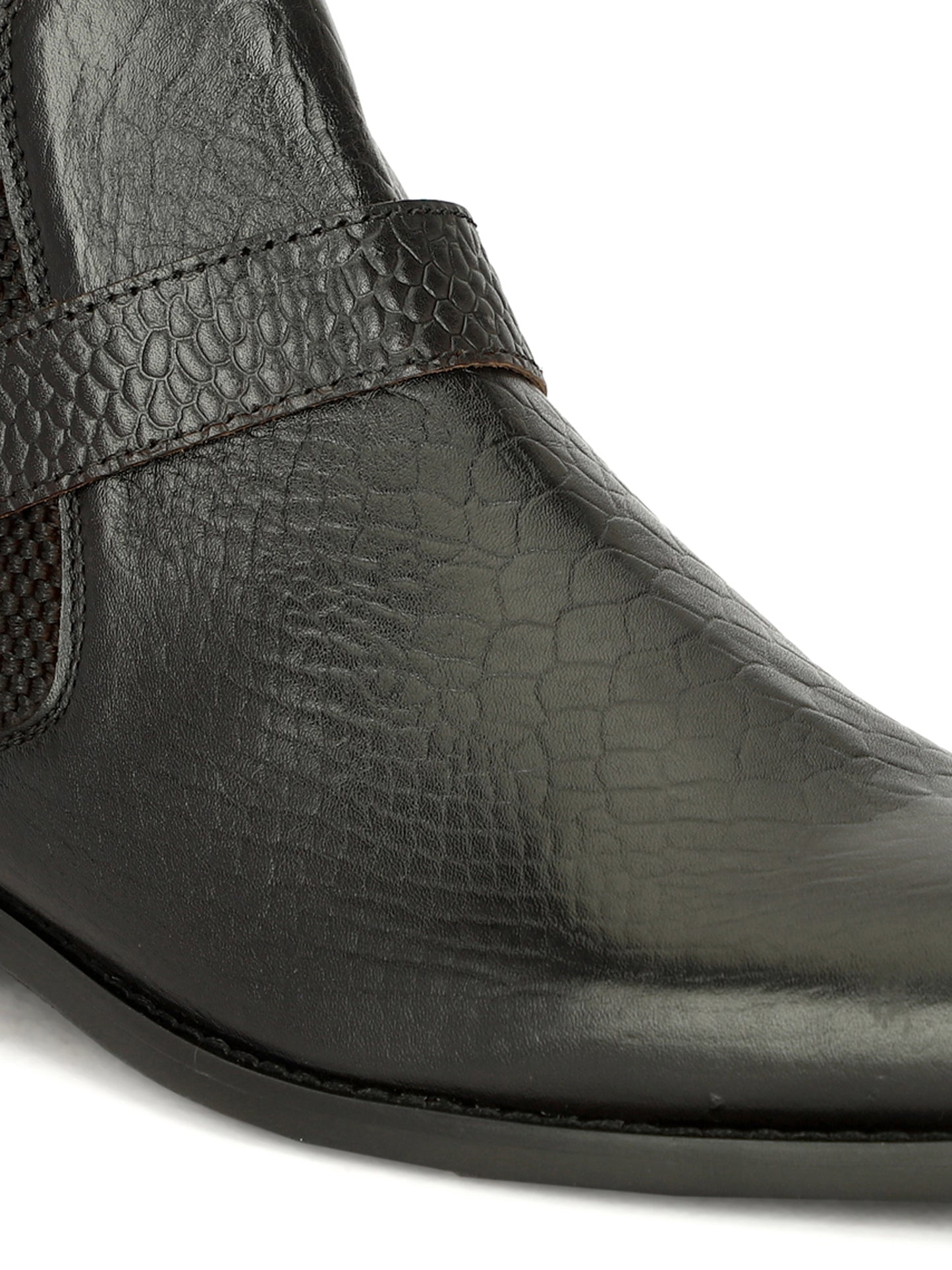 Genuine Leather Snake Print Chelsea Boots With Chain Buckle Black