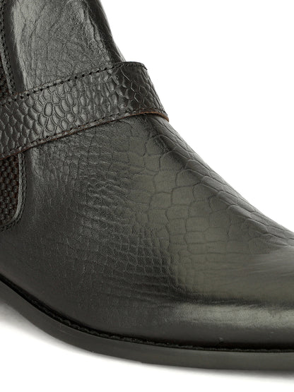 Genuine Leather Snake Print Chelsea Boots With Chain Buckle Black