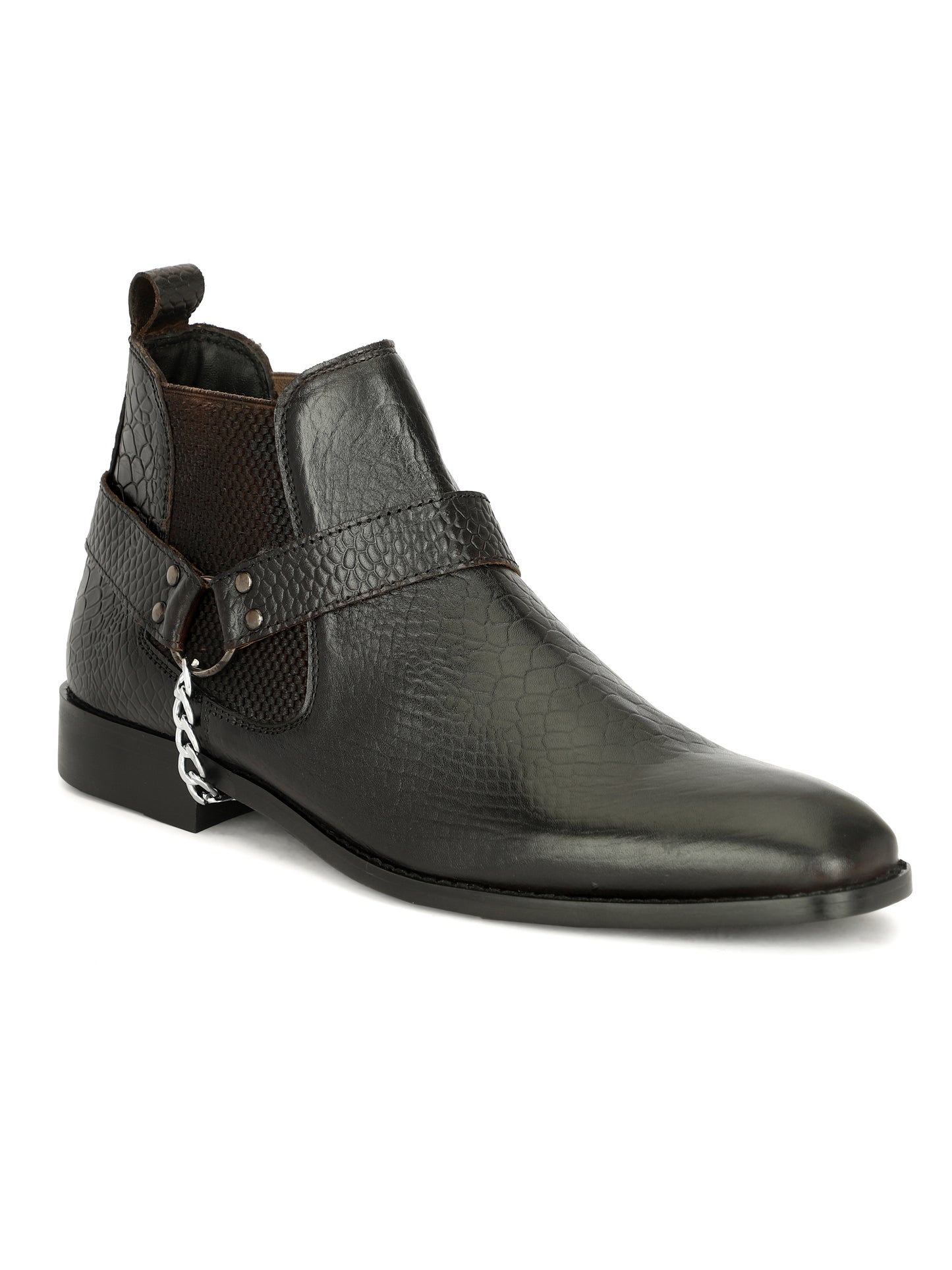 Genuine Leather Snake Print Chelsea Boots With Chain Buckle Black
