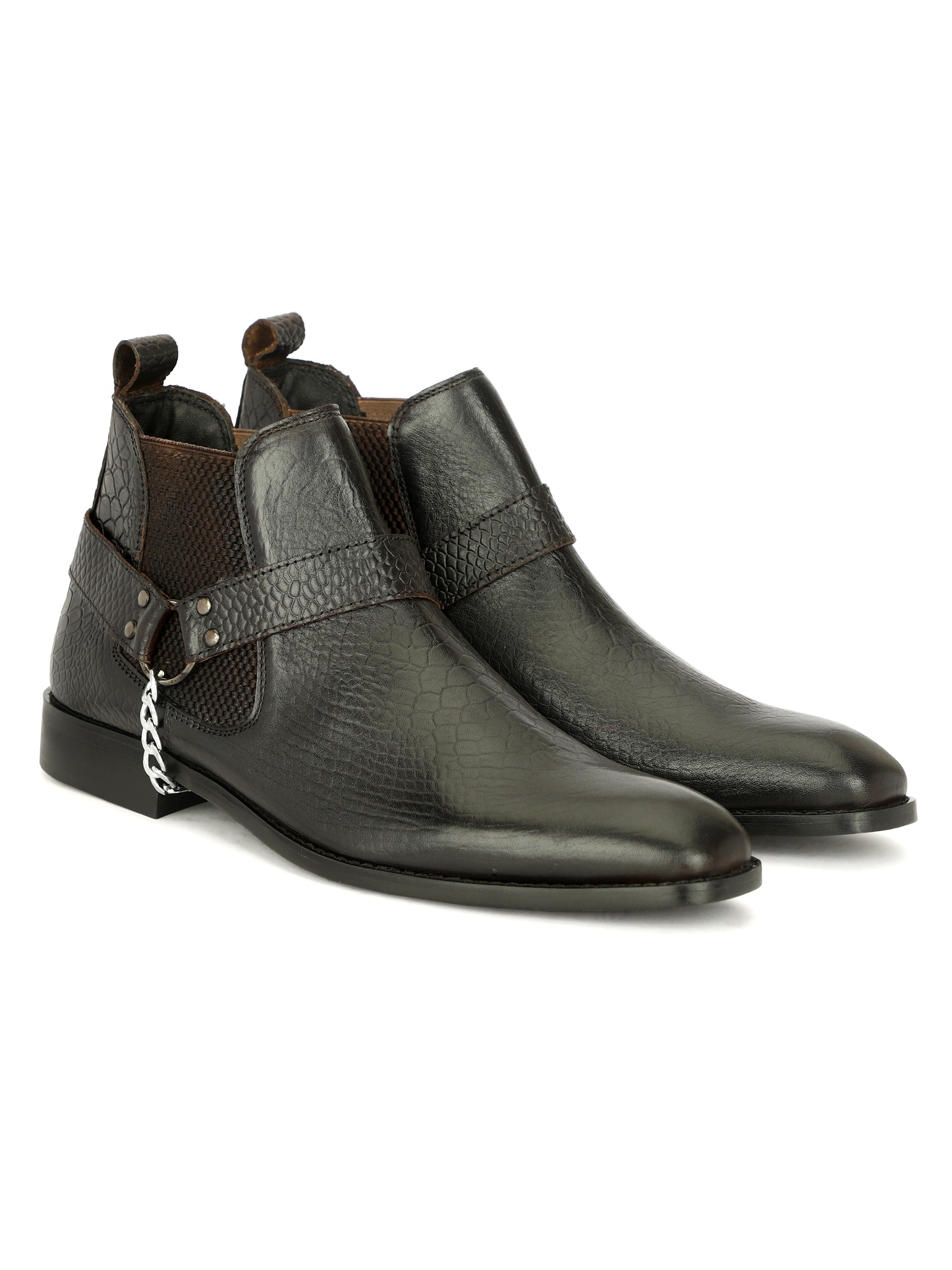 Genuine Leather Snake Print Chelsea Boots With Chain Buckle Black