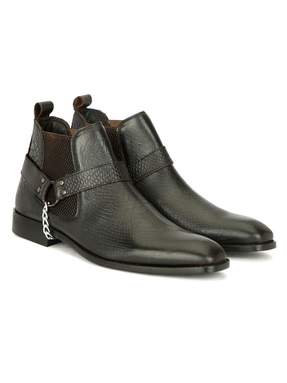 Genuine Leather Snake Print Chelsea Boots With Chain Buckle Black