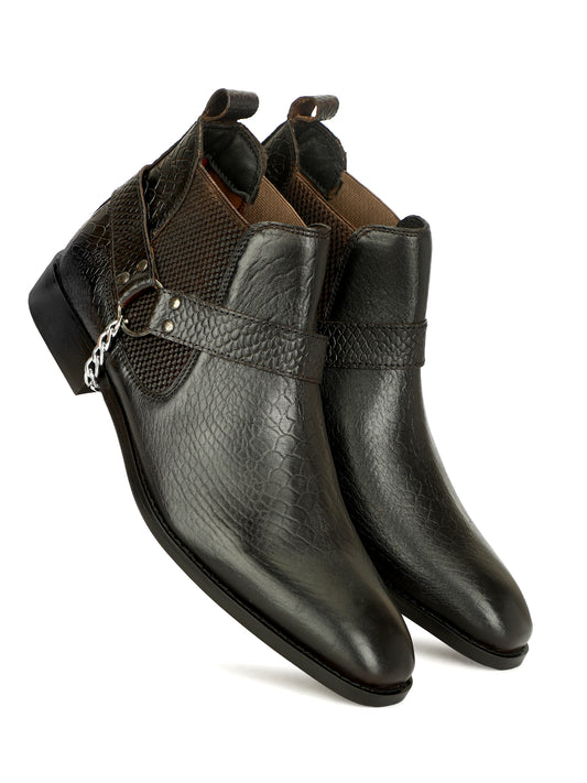 Genuine Leather Snake Print Chelsea Boots With Chain Buckle Black