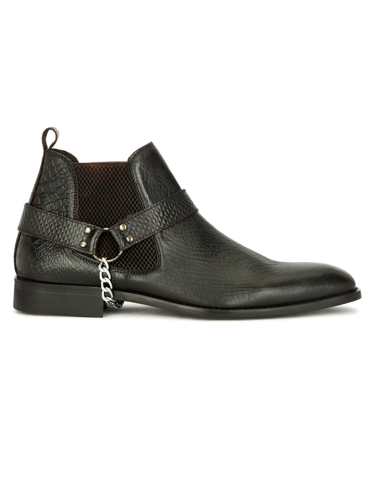 Genuine Leather Snake Print Chelsea Boots With Chain Buckle Black