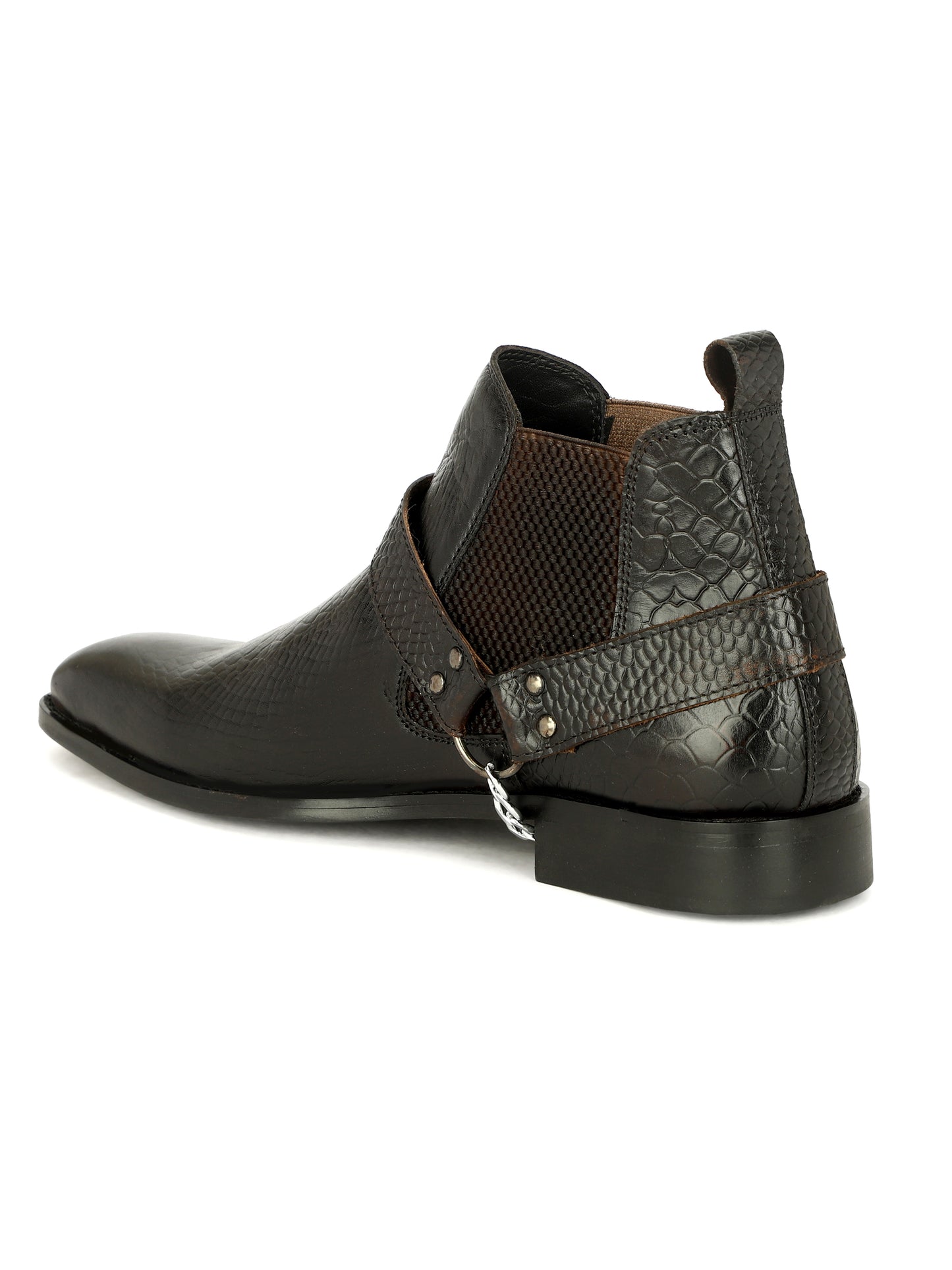 Genuine Leather Snake Print Chelsea Boots With Chain Buckle Black
