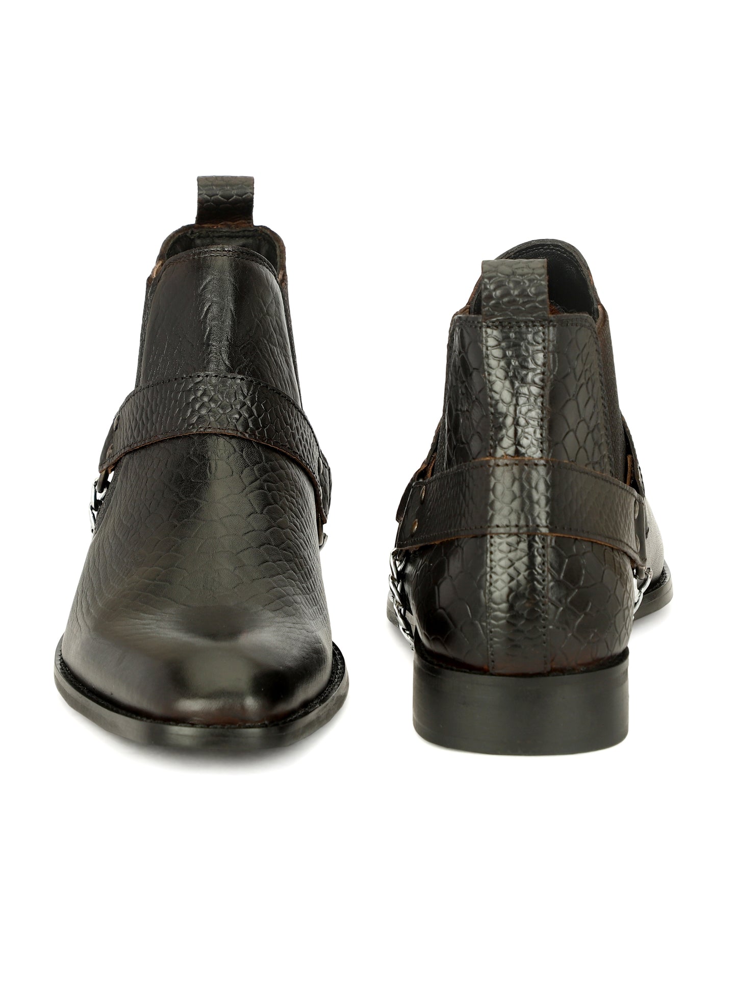 Genuine Leather Snake Print Chelsea Boots With Chain Buckle Black