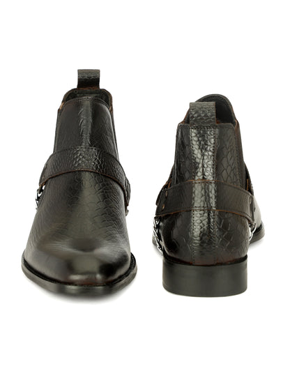 Genuine Leather Snake Print Chelsea Boots With Chain Buckle Black