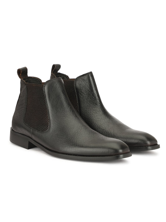 Genuine Leather  Snake  Print Chelsea  Boots Black