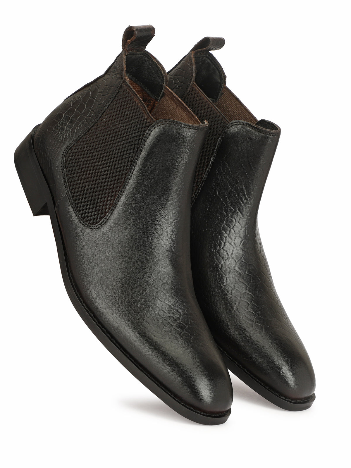 Genuine Leather  Snake  Print Chelsea  Boots Black