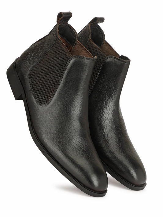 Genuine Leather  Snake  Print Chelsea  Boots Black