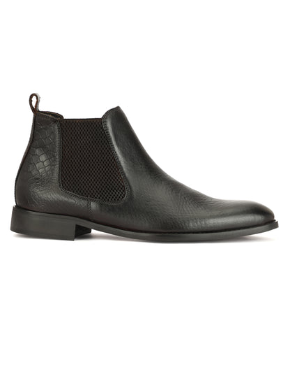 Genuine Leather  Snake  Print Chelsea  Boots Black