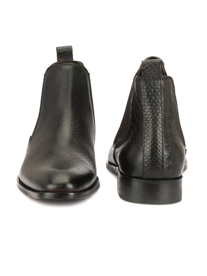 Genuine Leather  Snake  Print Chelsea  Boots Black