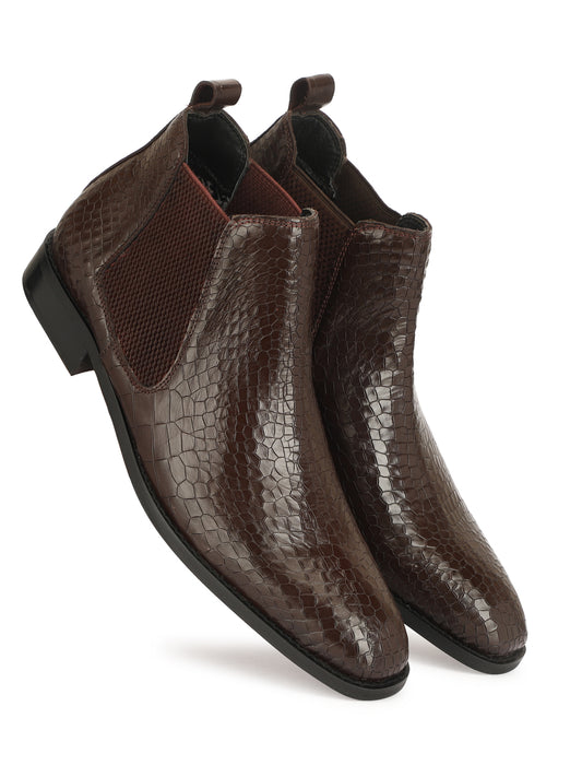 Genuine Leather Croco Chelsea  Boots | Cherry