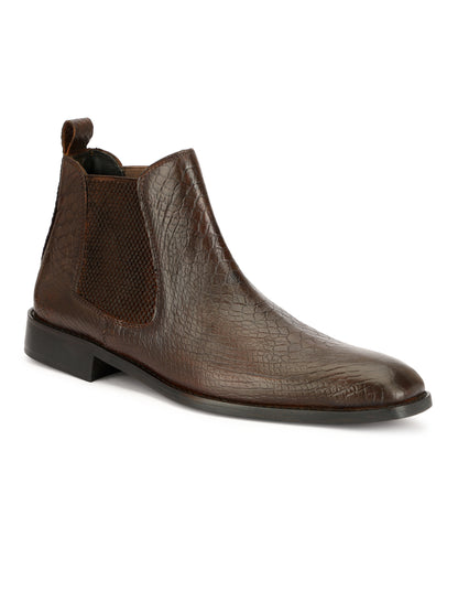 Genuine Leather  Snake  Print Chelsea  Boots Brown
