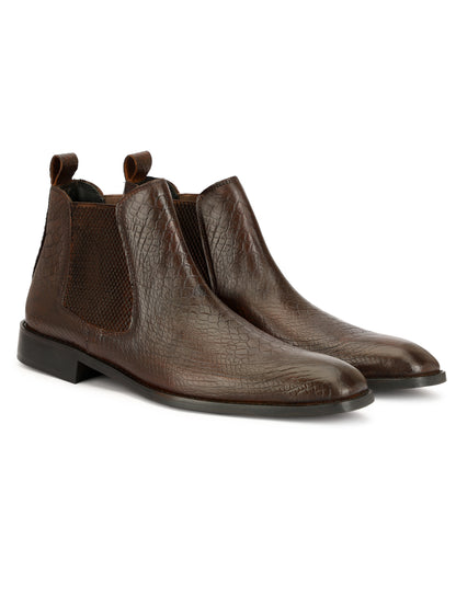Genuine Leather  Snake  Print Chelsea  Boots Brown