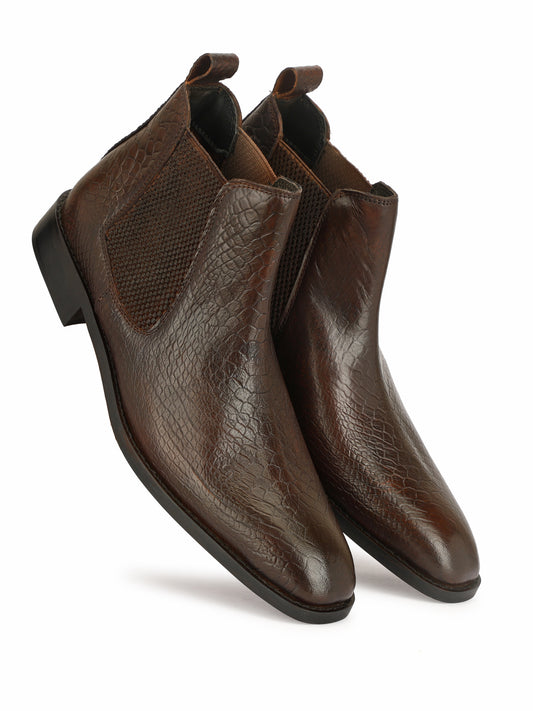 Genuine Leather  Snake  Print Chelsea  Boots Brown