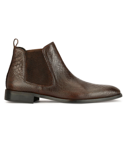Genuine Leather  Snake  Print Chelsea  Boots Brown