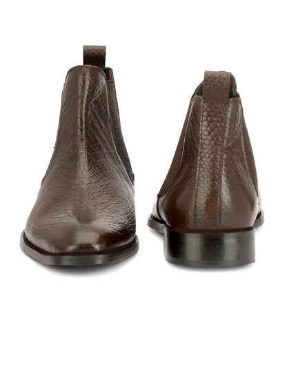 Genuine Leather  Snake  Print Chelsea  Boots Brown