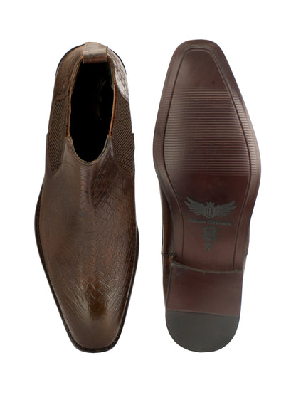 Genuine Leather  Snake  Print Chelsea  Boots Brown